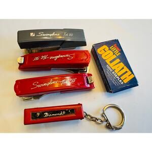 VTG Lot of 3 Swingline Tot 50 Red Staplers, Box Staples, Diamond Keychain 5PCS